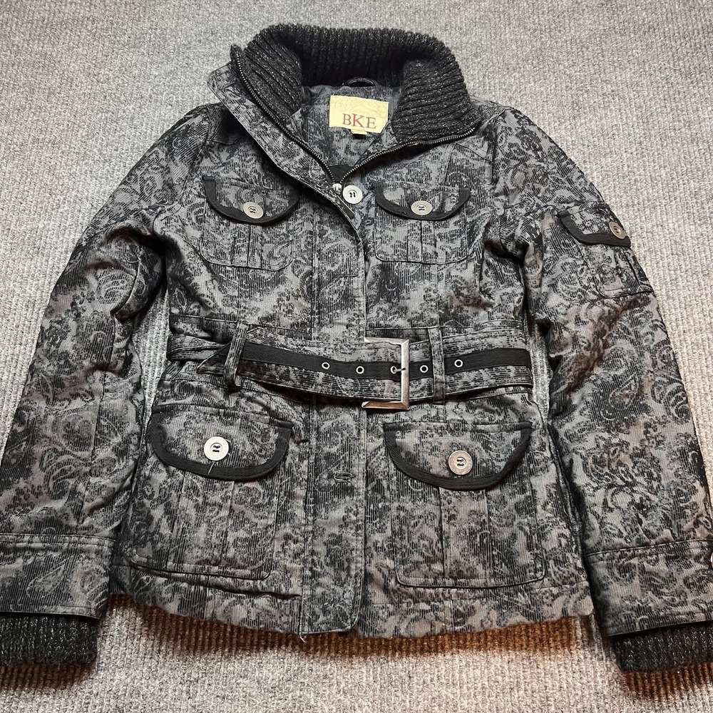 BKE Jacket Black Gray Buckle Paisley Corduroy Whimsygoth Utility Belted Lined - Picture 2 of 12